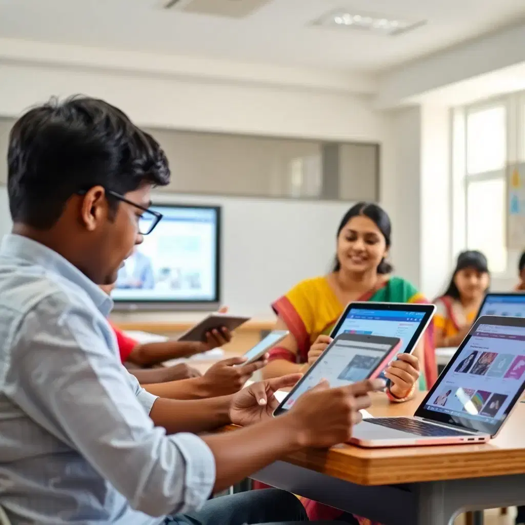 modern Indian classroom with students using tablets and laptops, teacher explaining digital content, bright and modern environment, educational technology