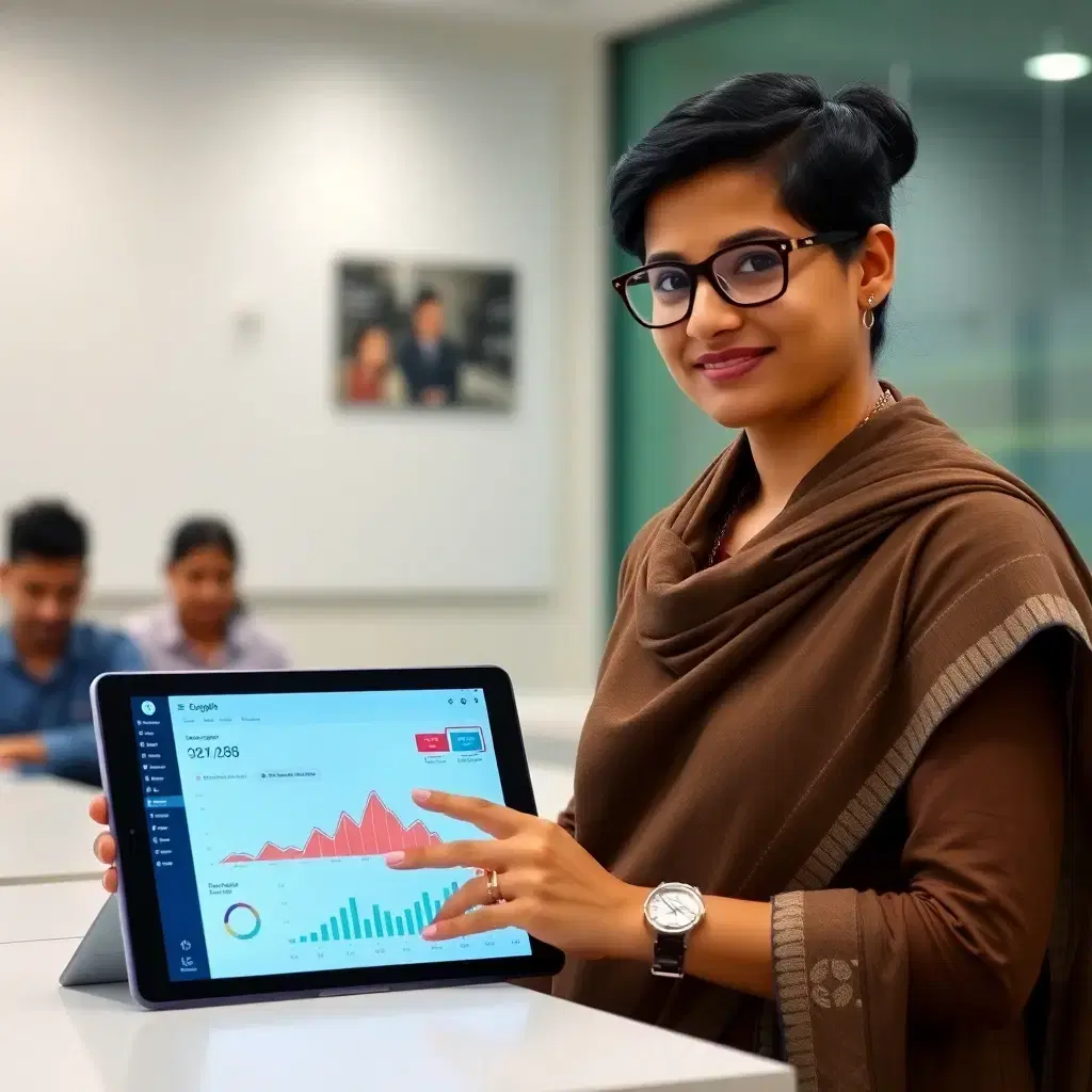 Indian teacher using digital dashboard on tablet, showing student performance analytics, in a modern coaching institute setting