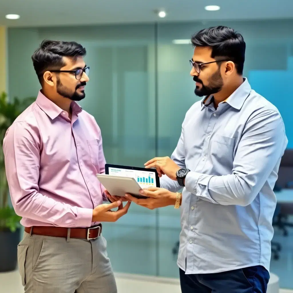 Indian tech consultant explaining digital platform to coaching institute owner, showing tablet with analytics dashboard, modern office setting, professional attire