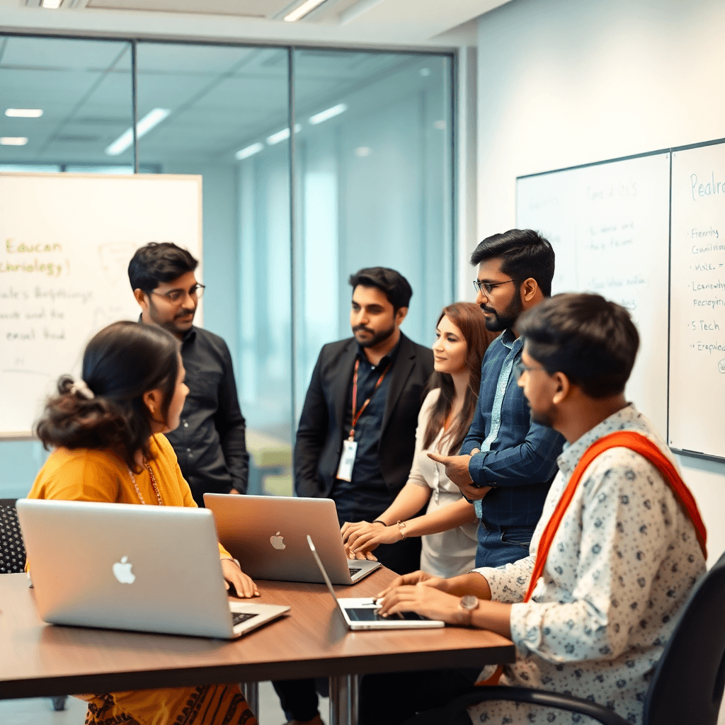 team of diverse Indian tech professionals in modern office, discussing educational technology, professional setting with whiteboards, laptops, collaborative environment
