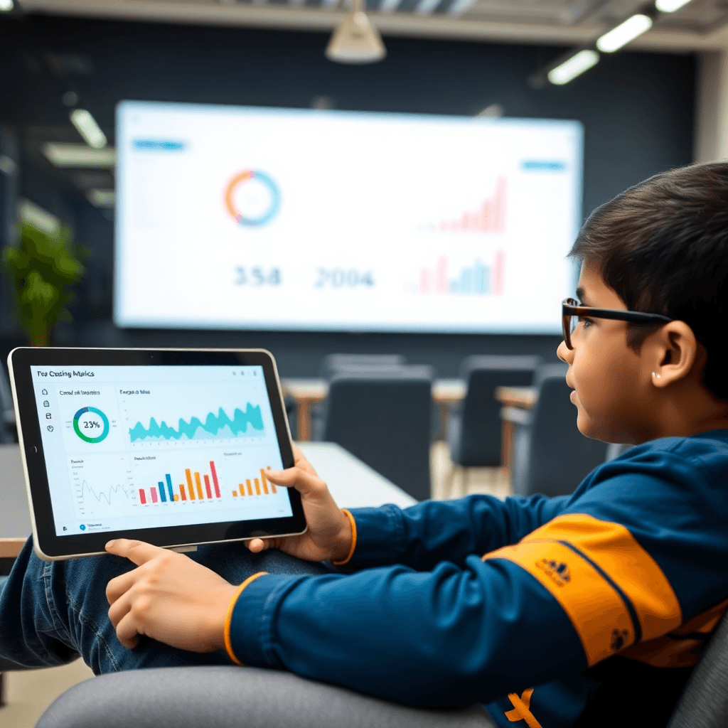Indian student studying on tablet with analytics dashboard visible, in a modern coaching center environment